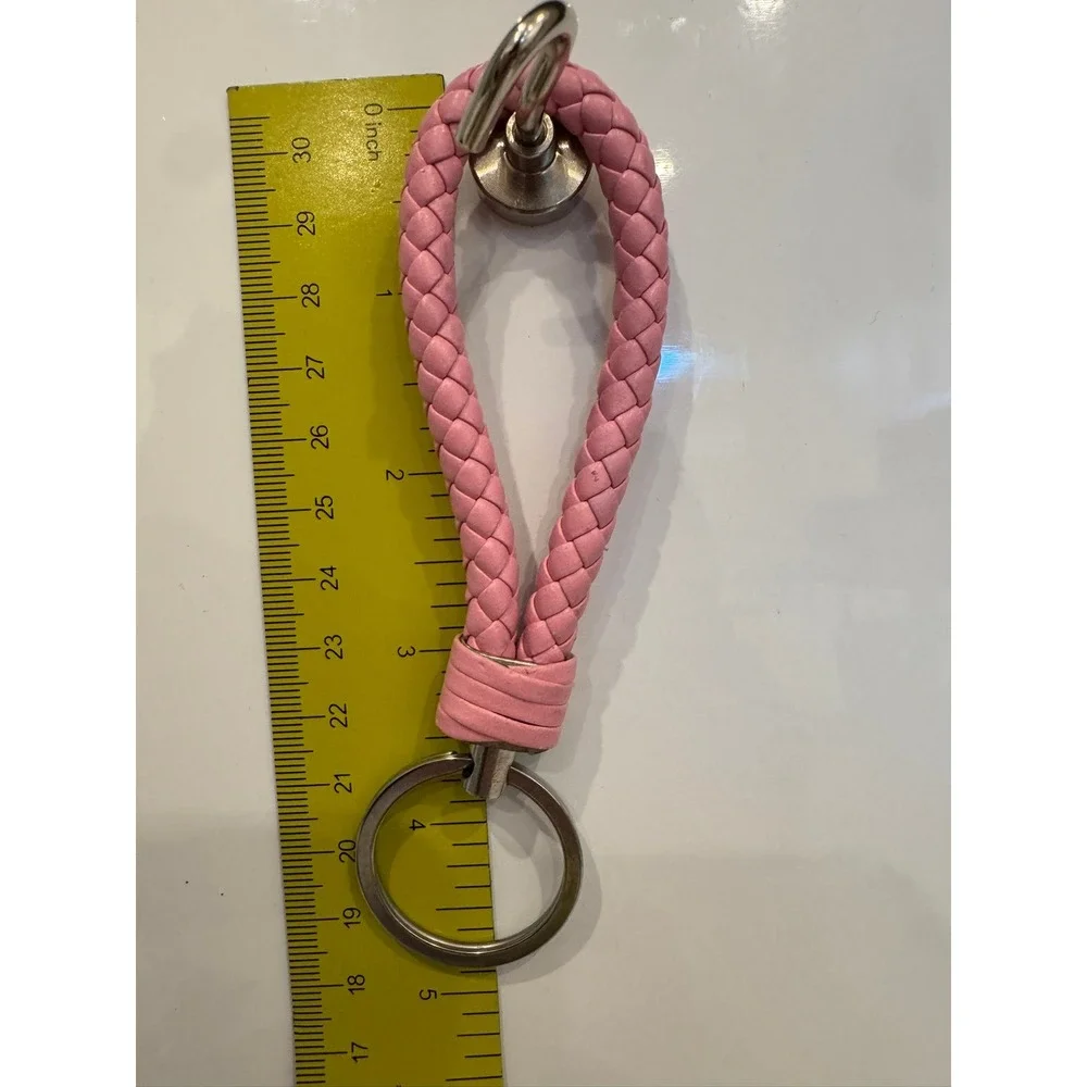 Pink Braided Wristlet Keychain Woven Loop Faux Leather Key Ring Silver Hardware